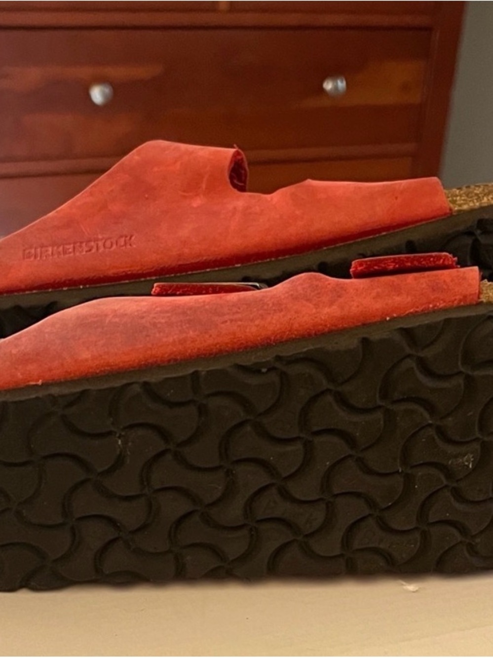 Birkenstock Arizona Red Oiled Leather Double Buckle Sandals - Picture 3 of 4